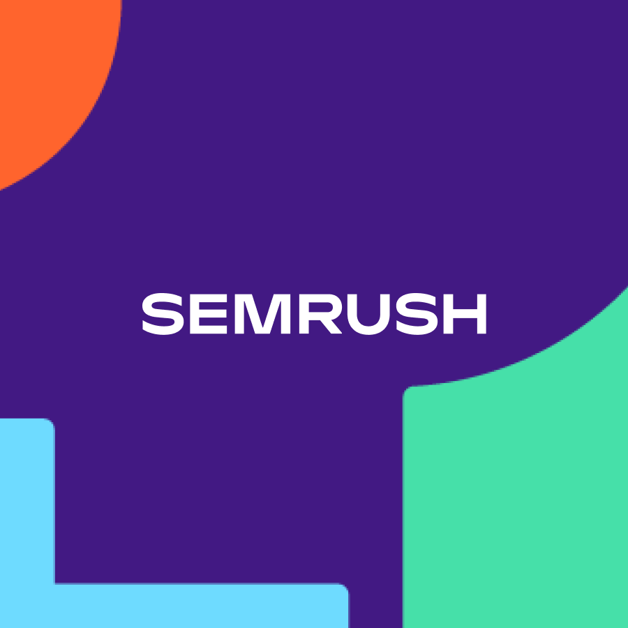 semrush logo on a purple background with orange, light green and light blue shapes around the edges