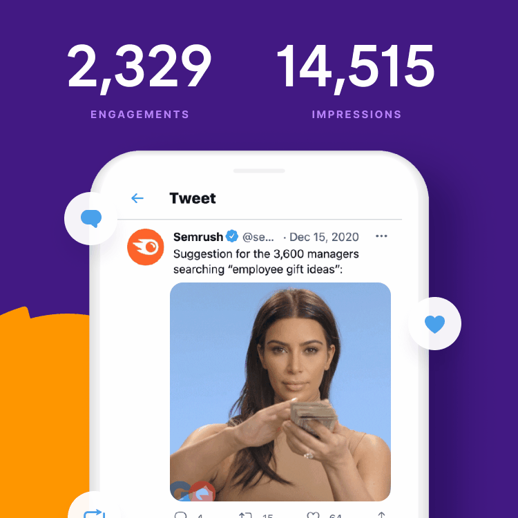 Screenshot Semrush Tweet (X post) with a gif of Kim Kardashian. White text above the screenshot that reads "2,329 engagements" and "14,515 impressions" against a purple background
