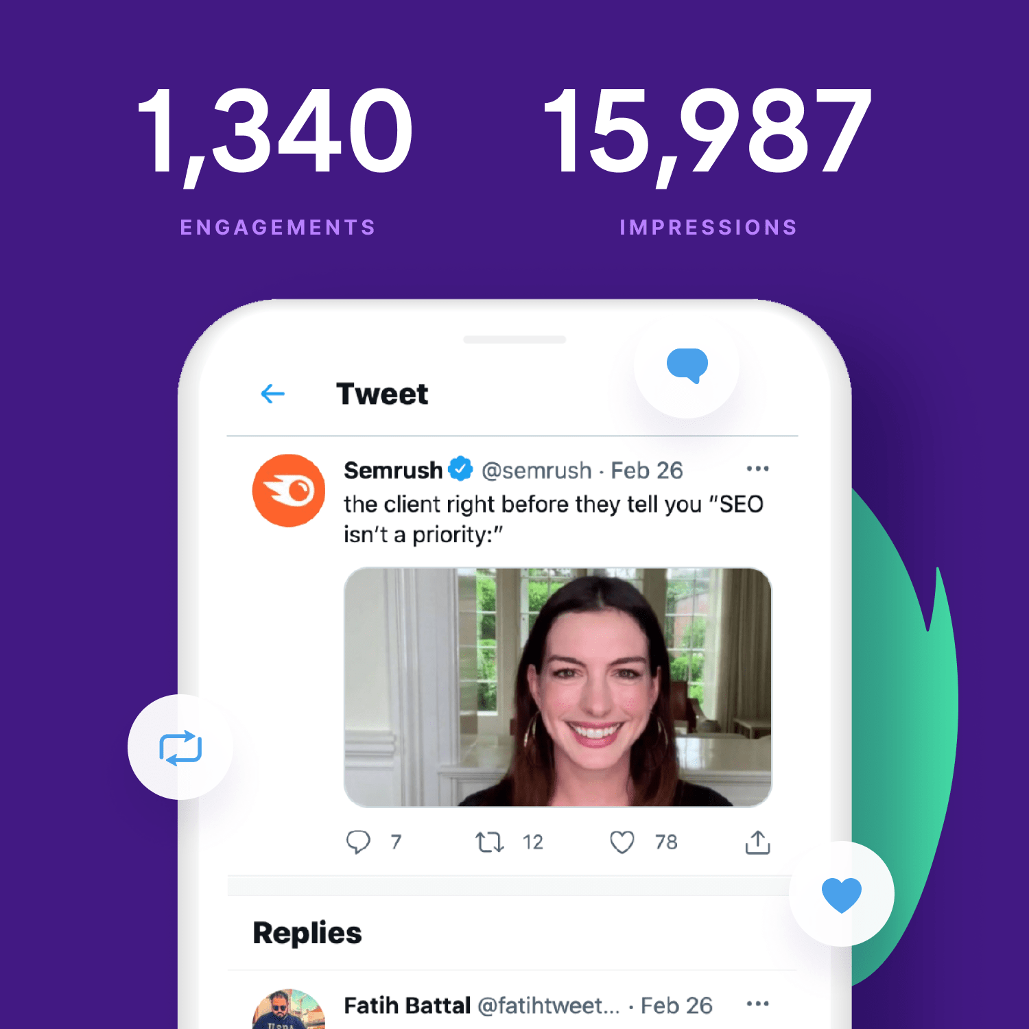 Mockup of phone showing Semrush tweet with engagement. and impression metrics