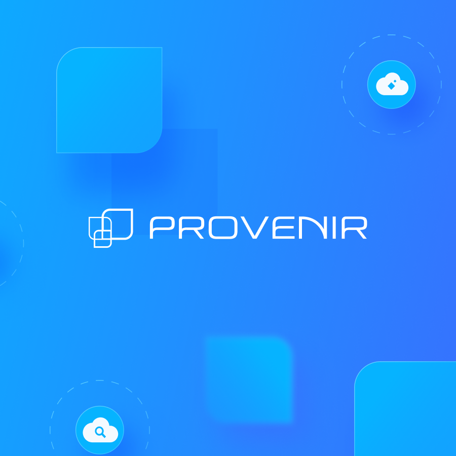 Provenir logo on a bright blue background with small cloud icons