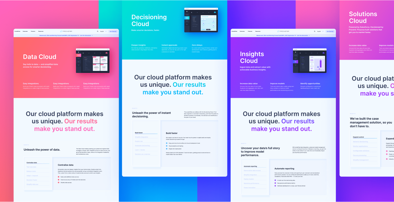 Mockup of Provenir's new product webpages with vibrant colors.