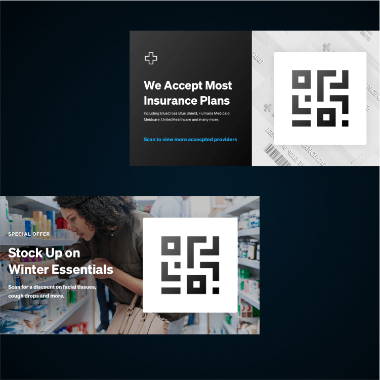 Mockups of UPshow's digital signage for healthcare and retail.
