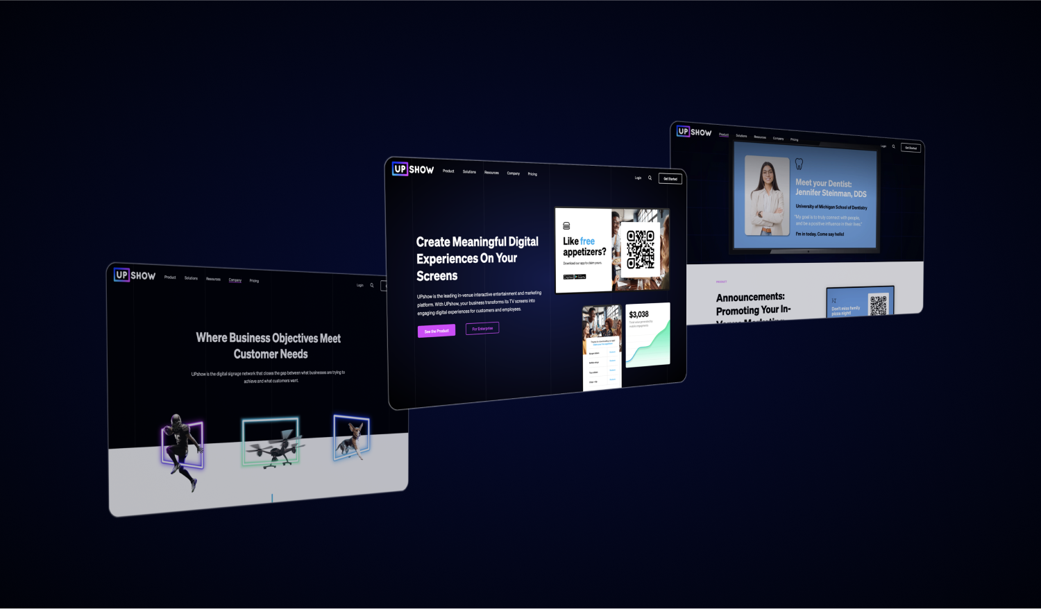 Mockups of UPshow's redesigned website.