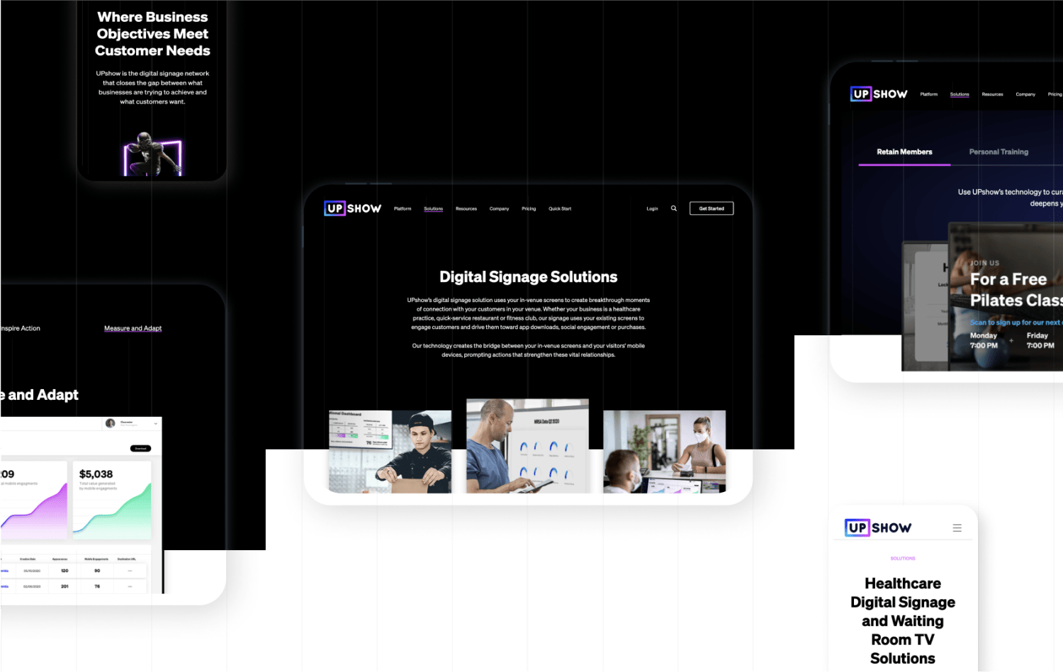 Mockups of UPshow's redesigned website on desktop and mobile.