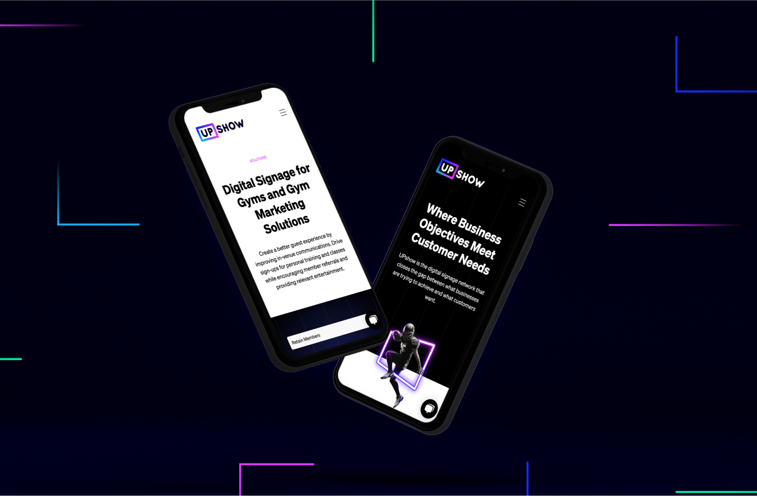 Mockups of UPshow's redesigned mobile website in light and dark modes.