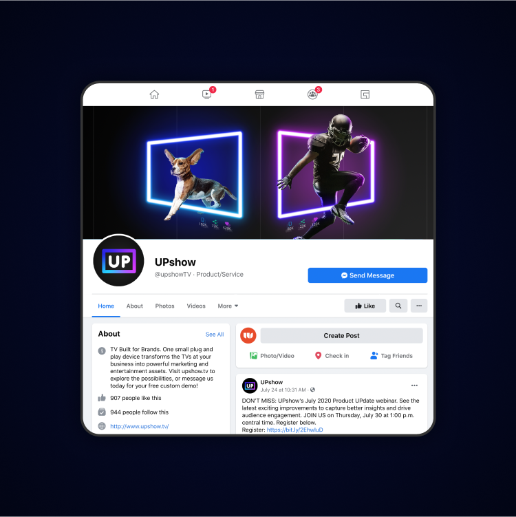 Mockup of UPshow's Facebook page featuring new brand logo and brand device.