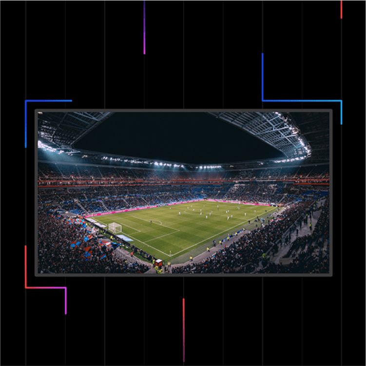 Mockup of soccer field in dark mode with UPshow's new neon framing.