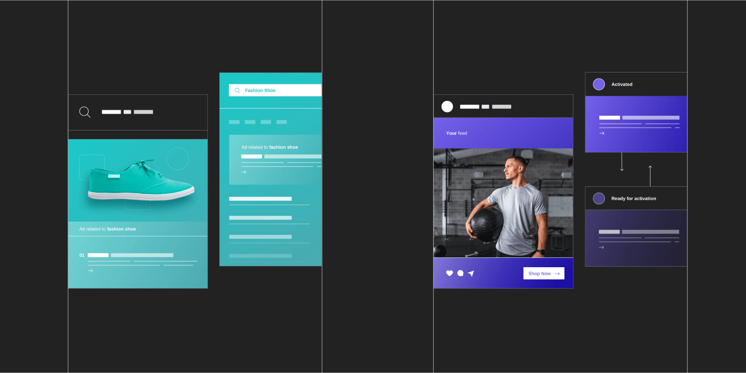 Mockups of Adlucent's feed management and paid search services.