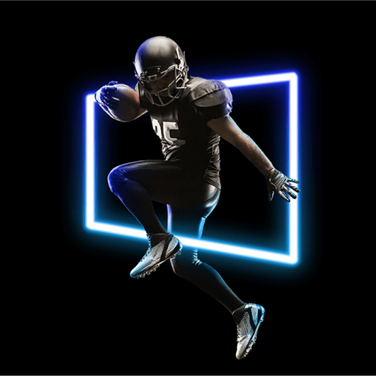 Football player leaping through UPshow's new neon "screen" frame.