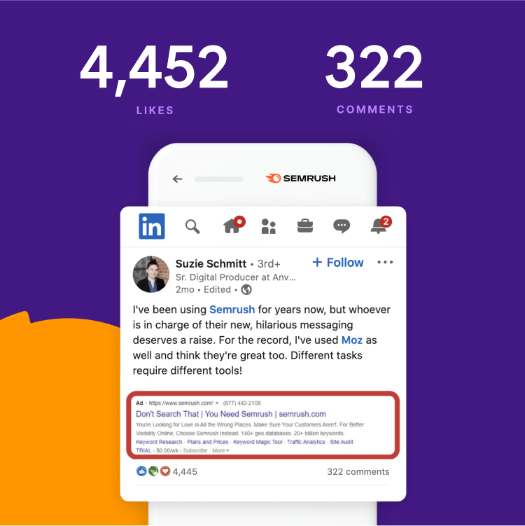 Mockup of LinkedIn post commenting on Semrush's creative paid ad copy with numbers of likes and comments above