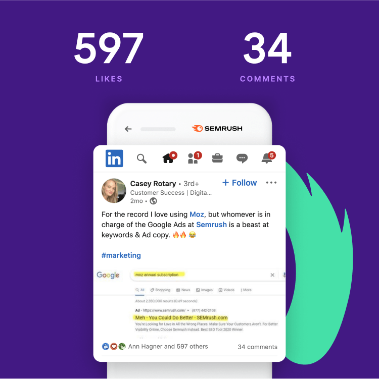 Mockup of LinkedIn post commenting on Semrush's creative paid ad copy with numbers of likes and comments above