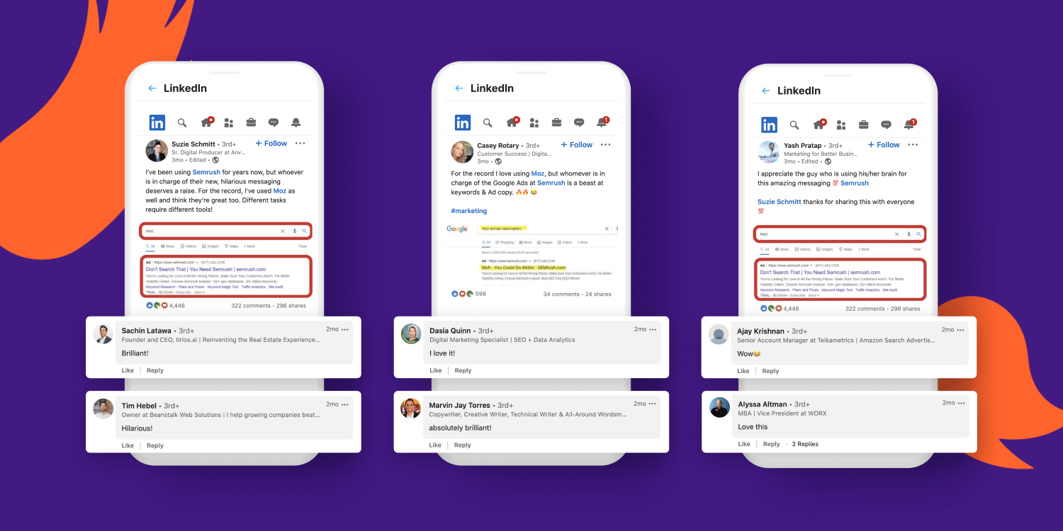 Mockup of three cell phones showcasing LinkedIn conversations generated around Semrush's creative ad copy