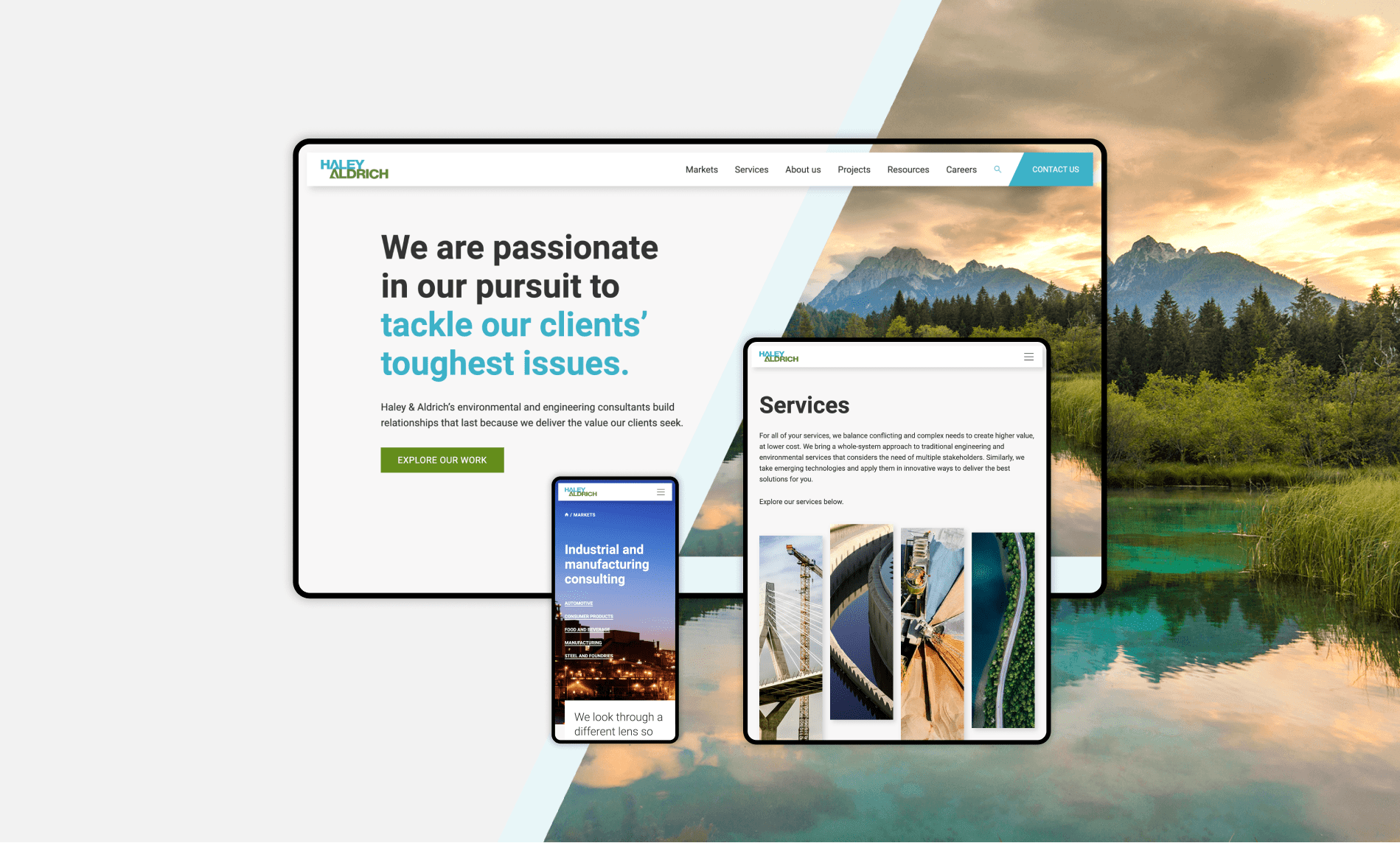 Mockup of Haley & Aldrich website pages shows on desktop, tablet and mobile phone screens
