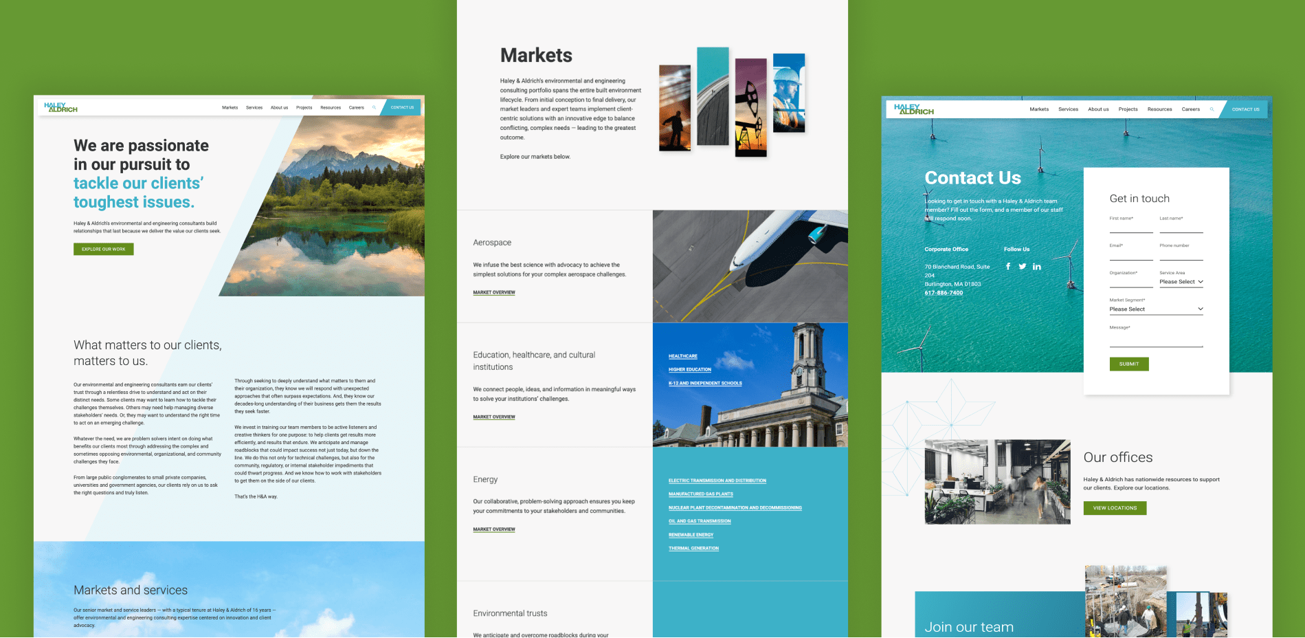 Three mockups of Haley & Aldrich web pages