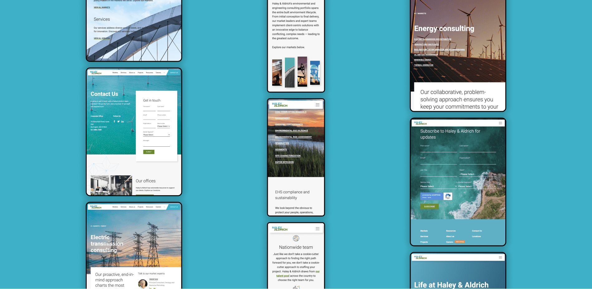 Mockups of nine Haley & Aldrich web pages on tablet and mobile phone screens