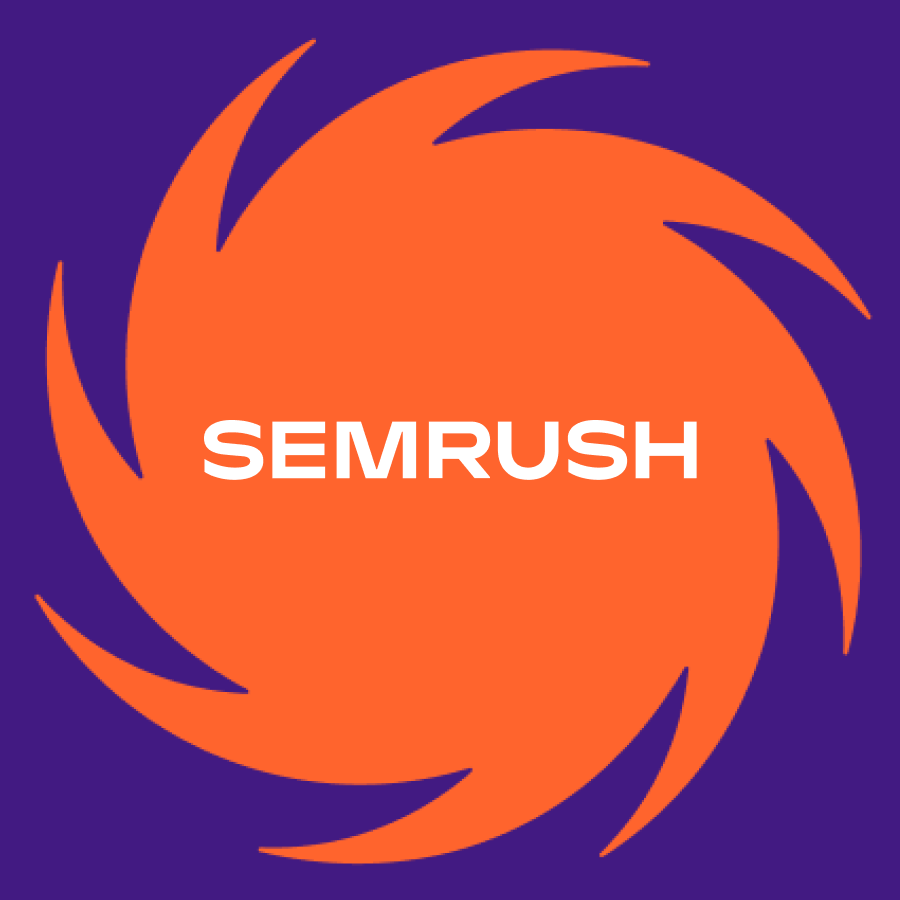 SEMRUSH logo on an orange swirl with purple background