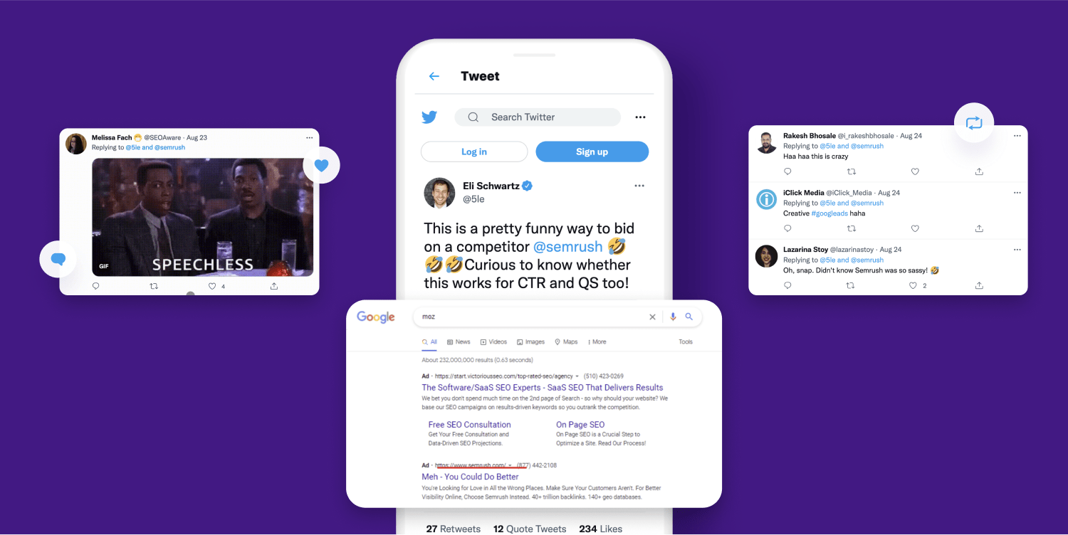 Mockup of a three Twitter conversations generated around Semrush's creative ad copy