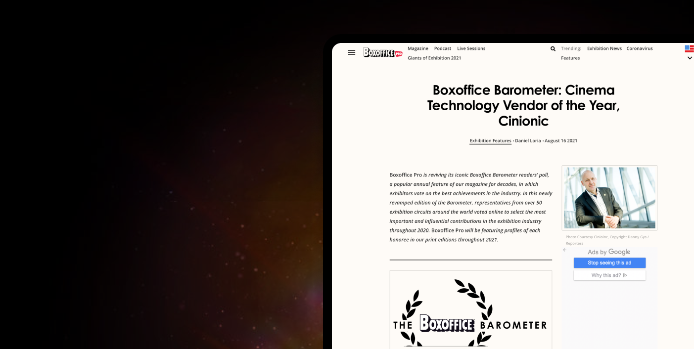 screen with boxofficepro article titled "Boxoffice Barometer: Cinema Technology Vendor of the Year, Cinionic"