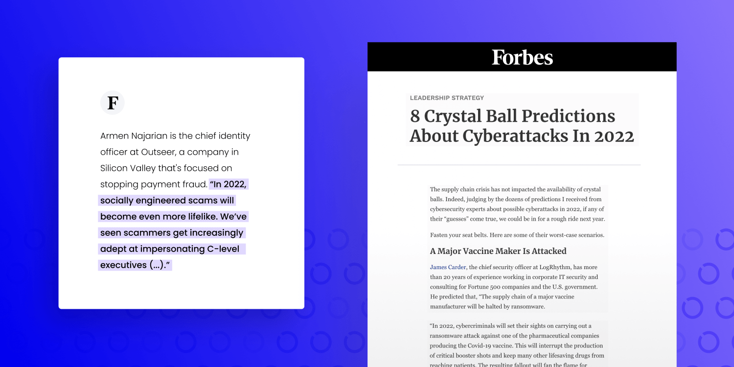 Mockup of Forbes media placement for Outseer, with a pullquote highlighted on the left