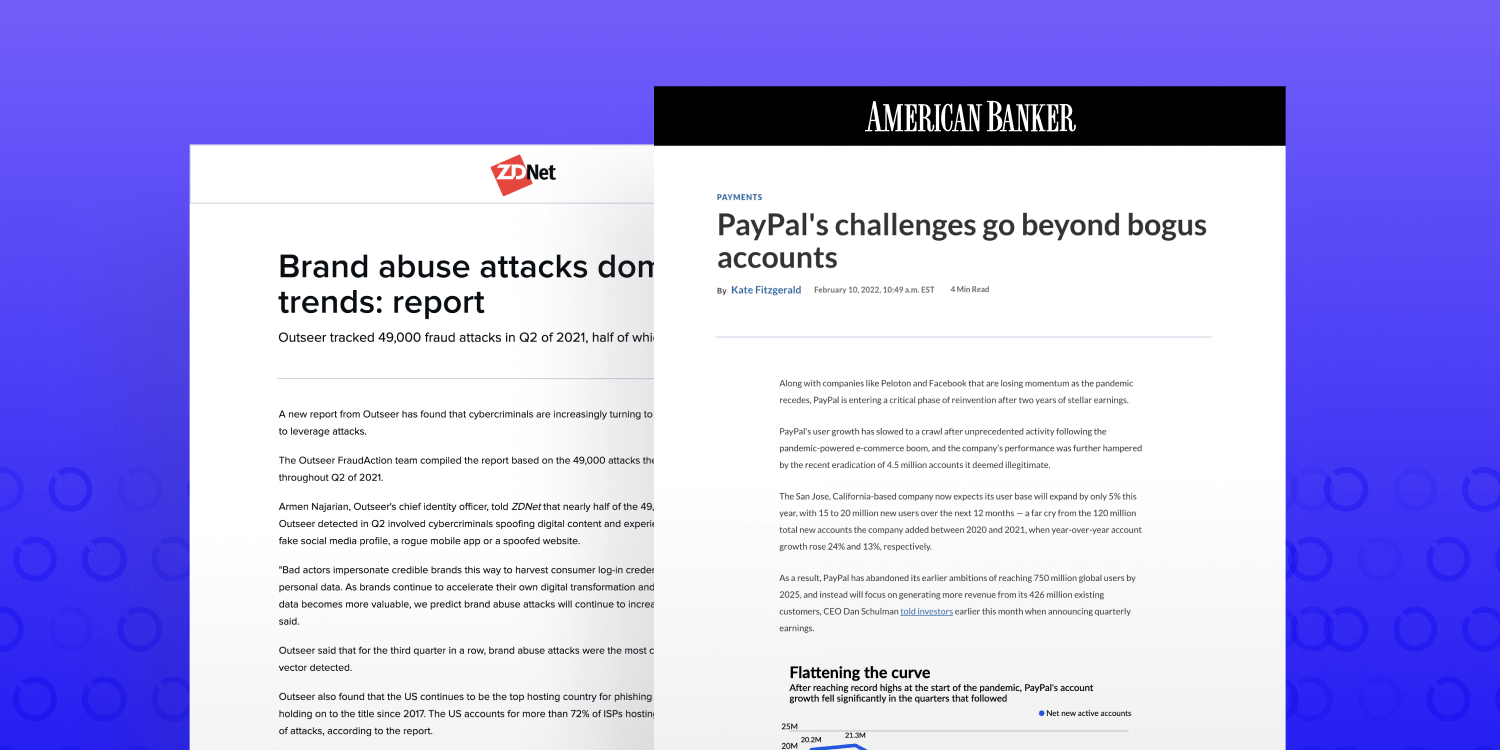 Mockups of American Banker and ZDNet media placements for Outseer