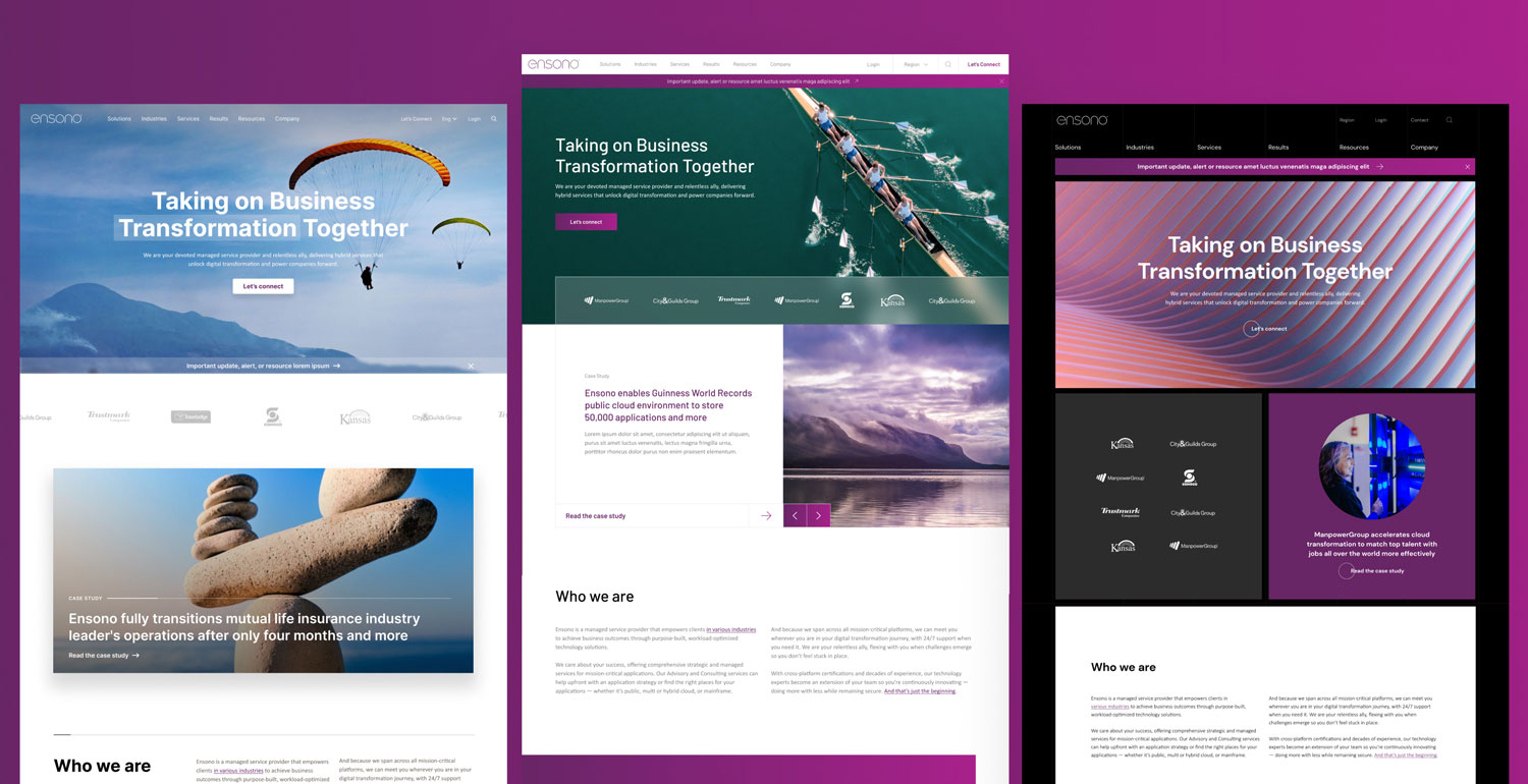 Ensono homepage concept mockups