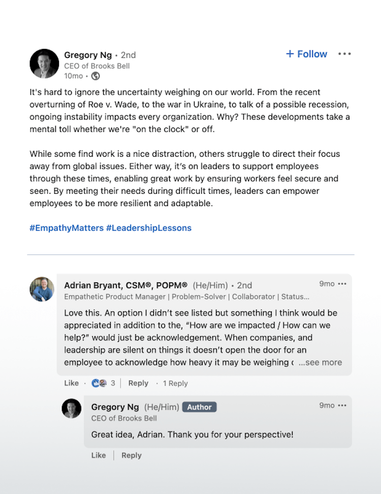 Gregory Ng LinkedIn post on empathetic leadership.