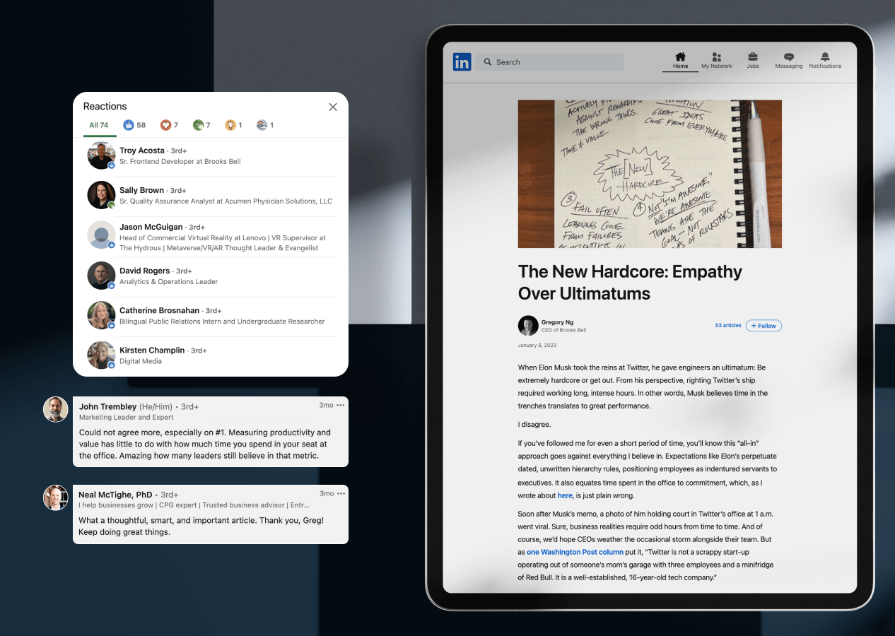 Mockup of LinkedIn article on iPad and reactions and comments on article