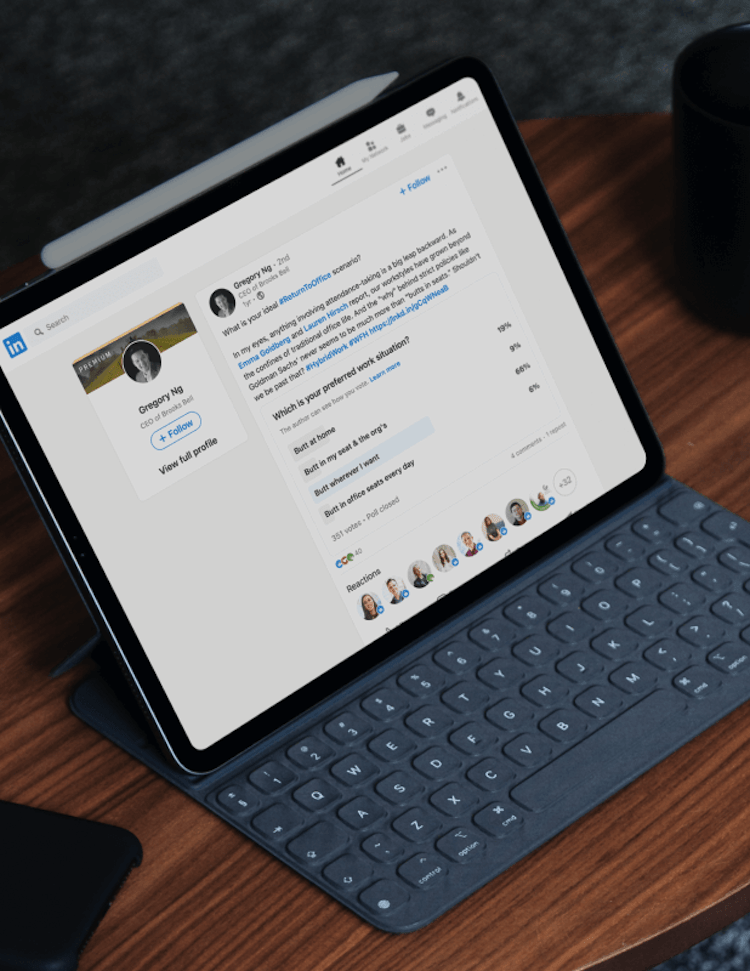 Mockup of LinkedIn post leveraging a poll on iPad with keyboard