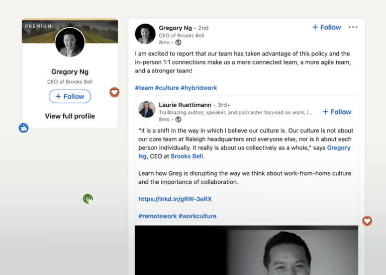 screenshot of Brooks Bell CEO Gregory Ng's LinkedIn post about collaboration in a hybrid workplace