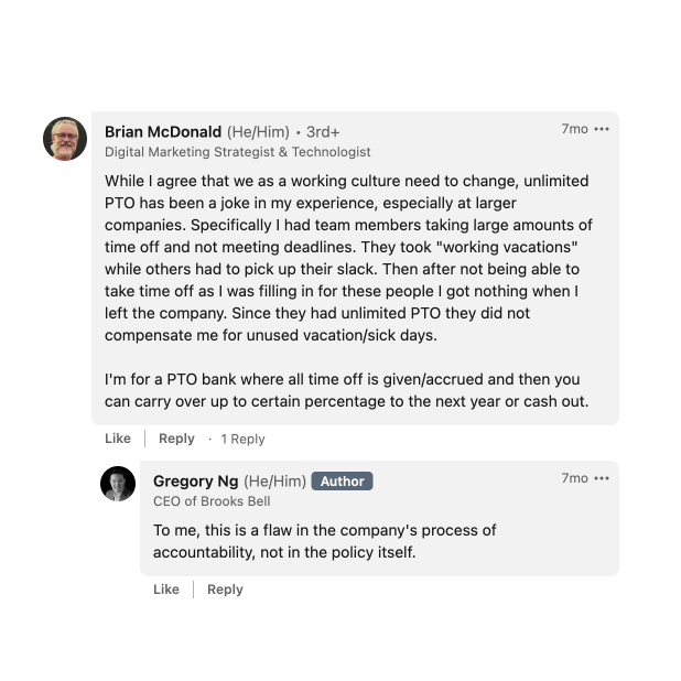 screenshot of Brooks Bell CEO Gregory Ng responding to a comment on LinkedIn about unlimited PTO