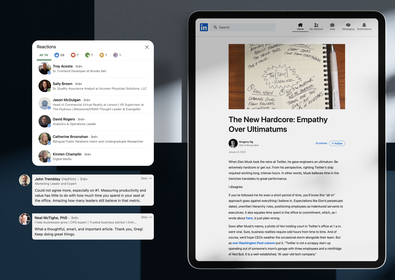 device displaying Brooks Bell CEO's LinkedIn post and screenshots of reactions and comments to highlight engagement