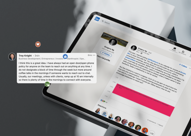 tablet displaying Brooks Bell CEO's LinkedIn post with a design callout highlighting a comment that agrees with the post