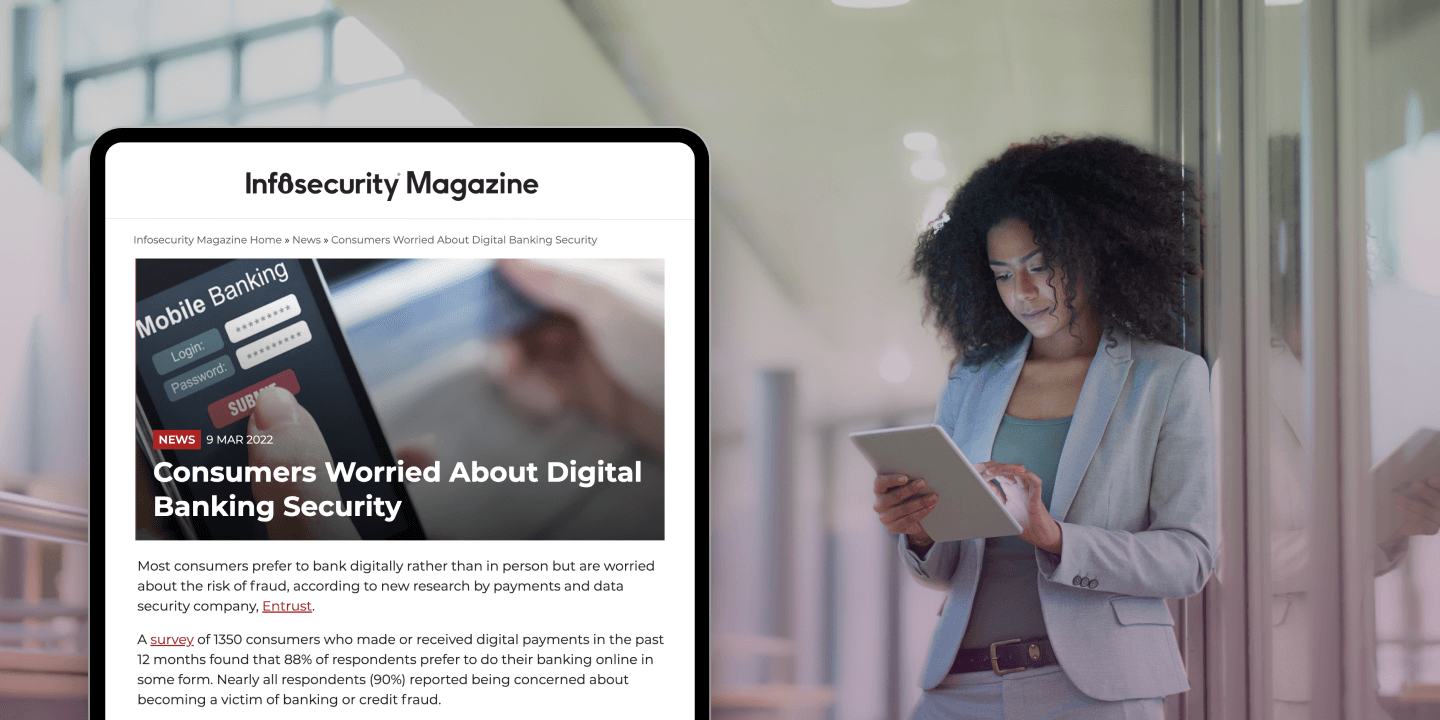 Infosecurity Magazine media placement next to woman in suit on iPad