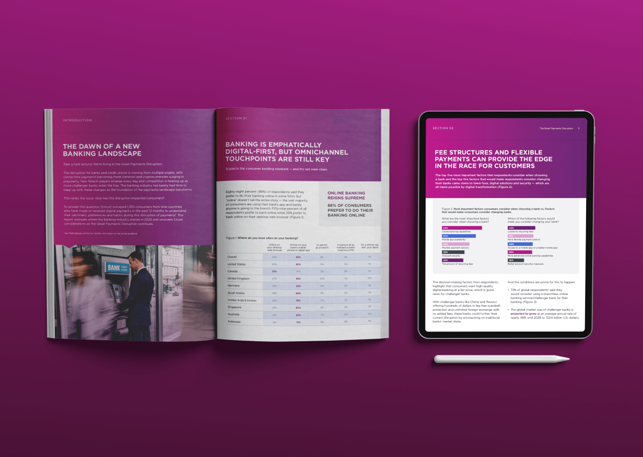 Mockup of Entrust's Great Payments Disruption Report as a physical copy and on iPad