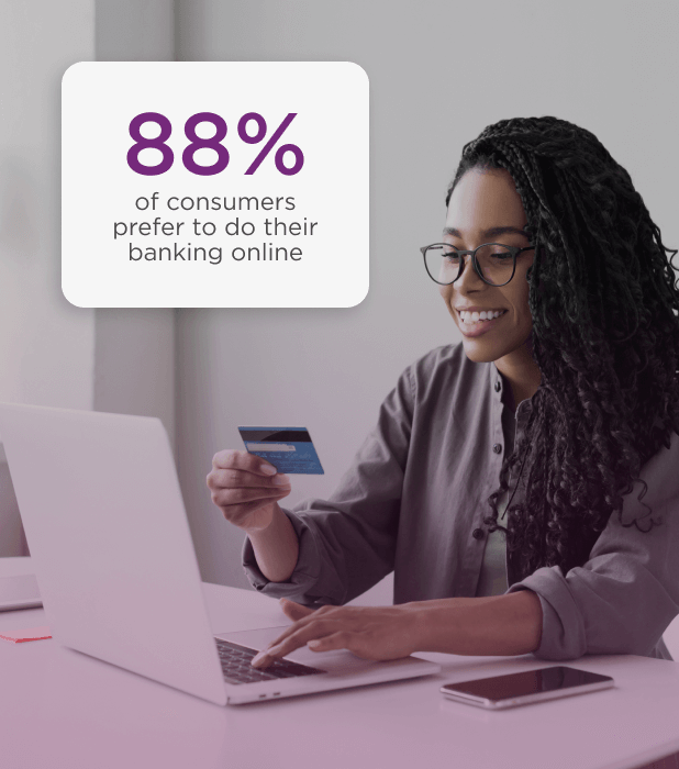 88% of consumers prefer to do their banking online data point, and woman holding a credit card while on laptop