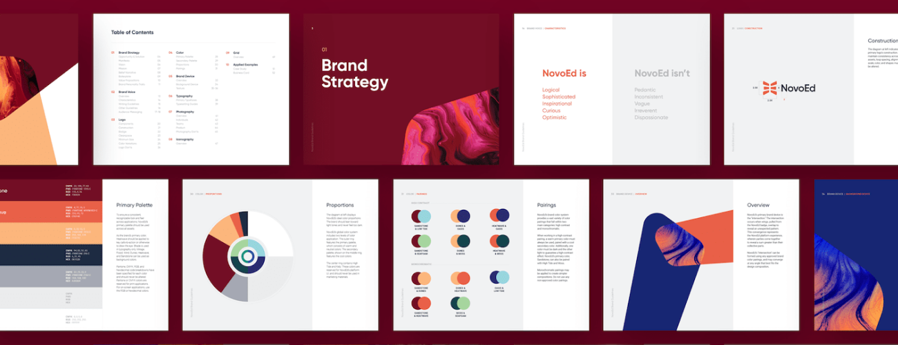 A variety of different brochures with different colors and designs from a B2B brand strategy agency.