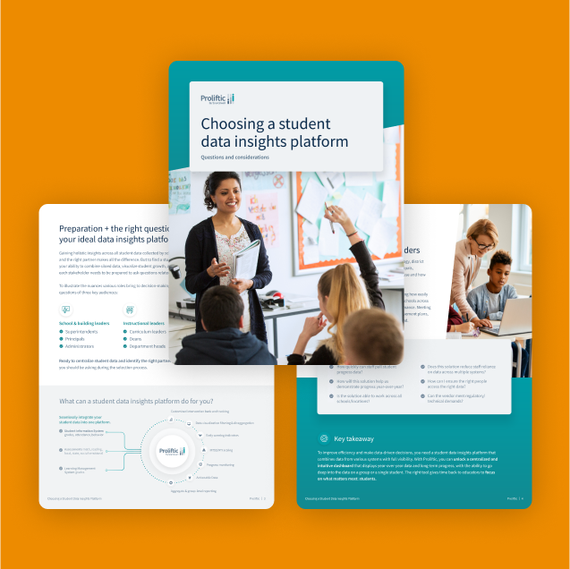 Pages from a white paper titled "choosing a student data insights platform" illustrated with a photo of a smiling teacher in front of a classroom of students