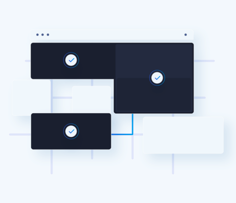 Three interlinked dark blocks with blue checkmarks on them. 