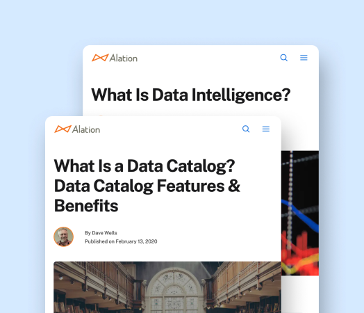Two webpages from the brand Alation, one about data intelligence and the other about data catalogs. 