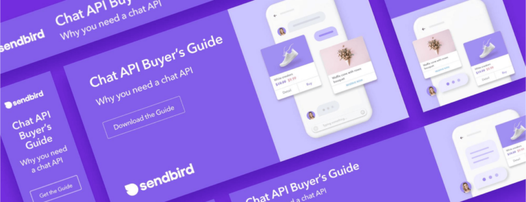 Screenshots of Sendbird's website teasing a Chat API Buyer's Guide. 