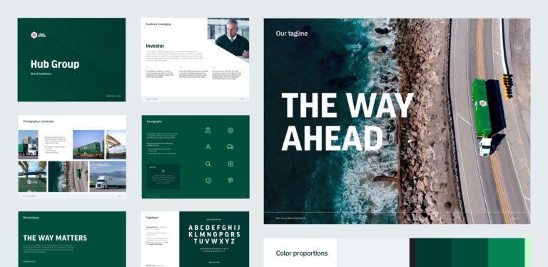 rending of hub group's new brand guideline featured on several designed assets