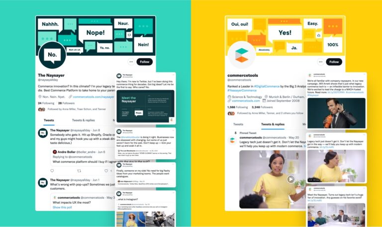 screenshot of the naysayer twitter page and commercetools twitter page featuring several video clips, photos, and tweets from the naysayer campaign 