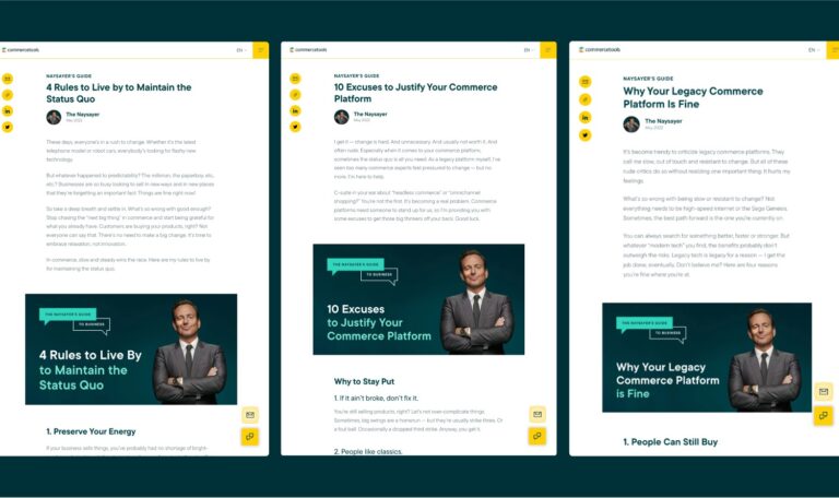 screenshot of three blog posts from the naysayer campaign on the commercetools website