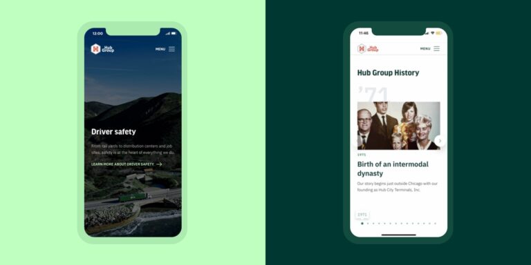 rendering of hub group's new brand guidelines featured on mobile phones against a green background