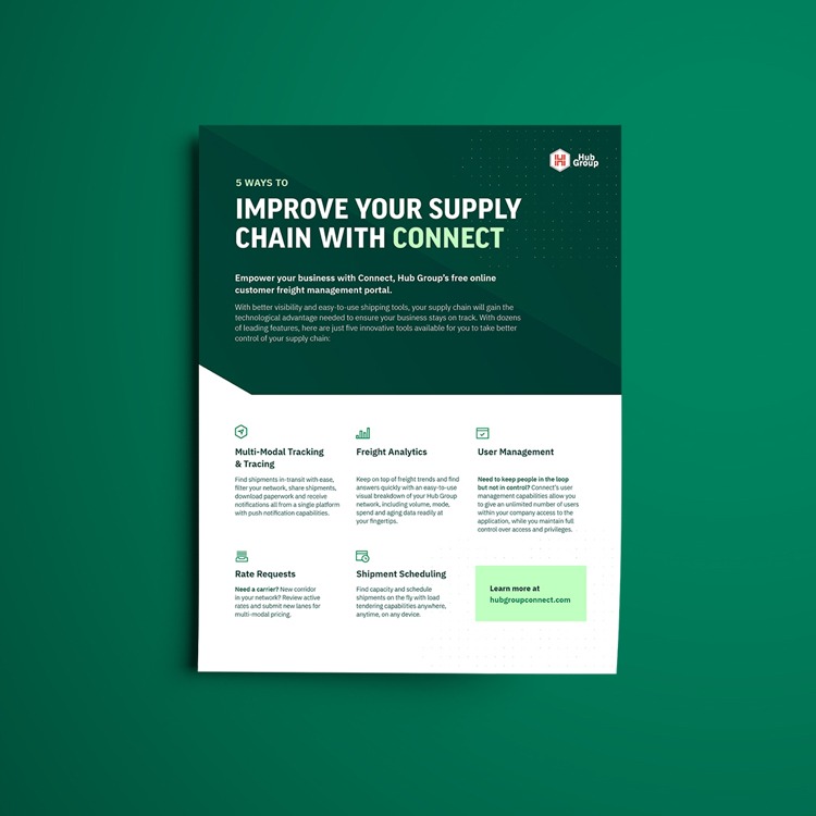 rendering of a hub group one page fact sheet that reads "improve your supply chain with connect"