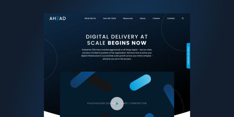 Mockup of Ahead landing page with the headline "Digital Delivery at Scale Begins Now"