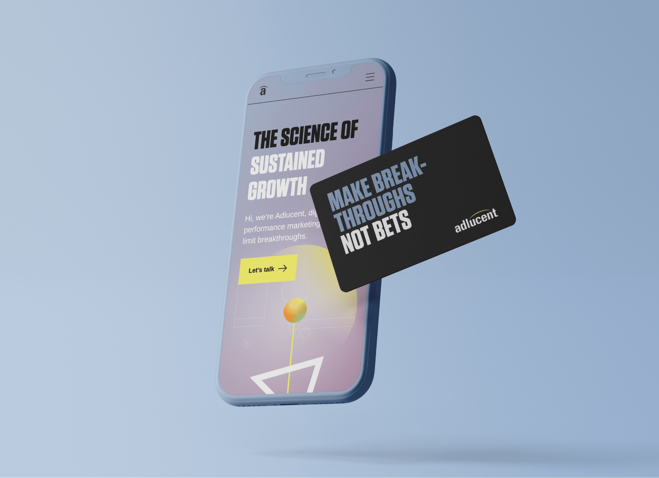 Render of a smartphone open to a webpage reading "The Science of Sustained Growth" and a render of a business card reading "Make Breakthroughs, not bets"