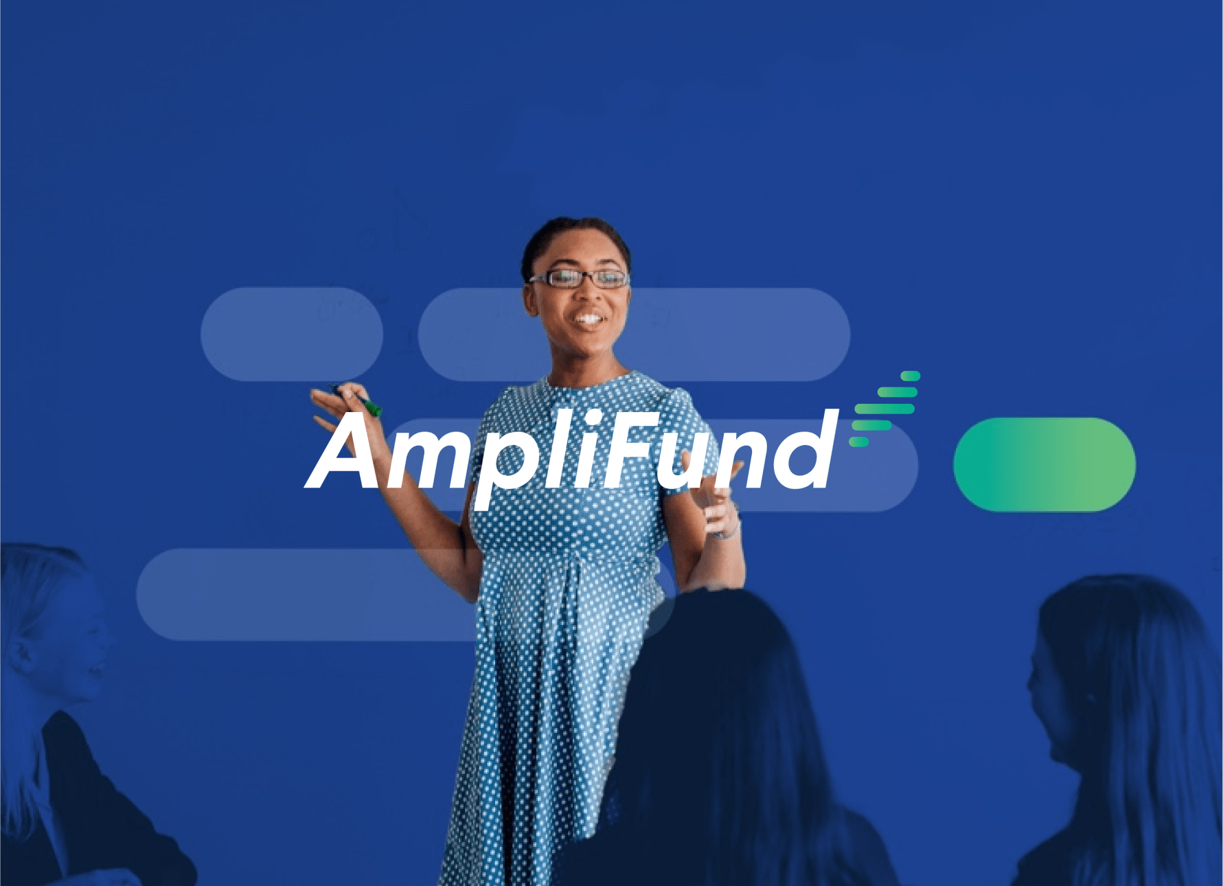 Woman in blue polka dot dress giving a presentation in front of an audience with the Amplifund logo on top of the image