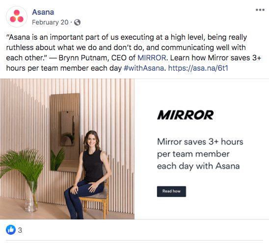 Asana customer testimonial Facebook post