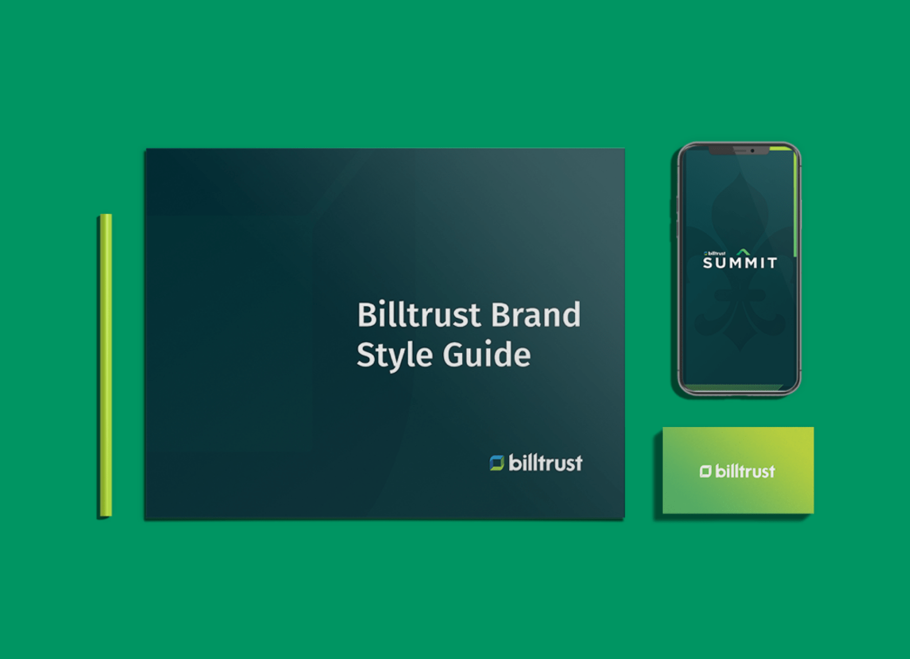 Billtrust Brand Style Guide, smartphone and Billtrust business card